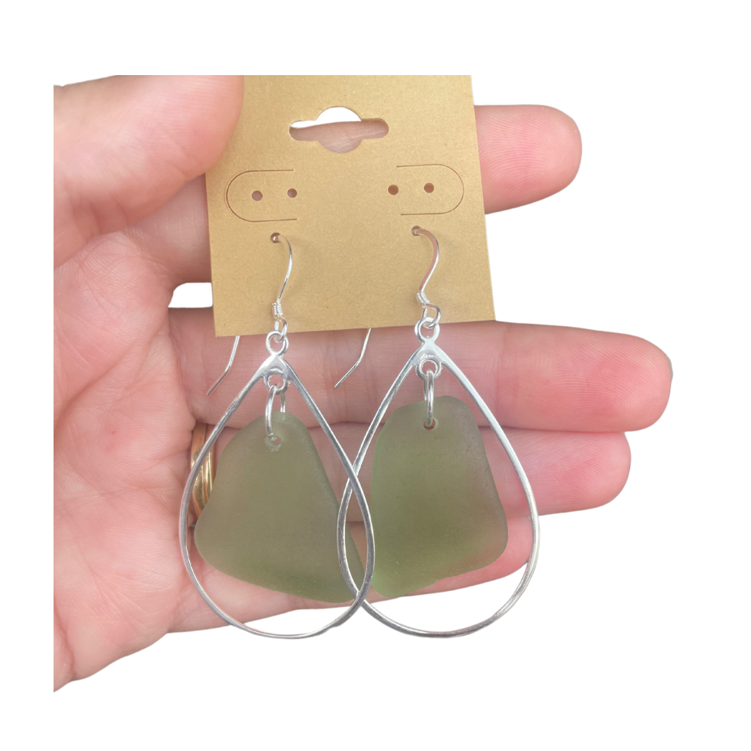 Oval Hoop Sea Glass Earrings in Light Green