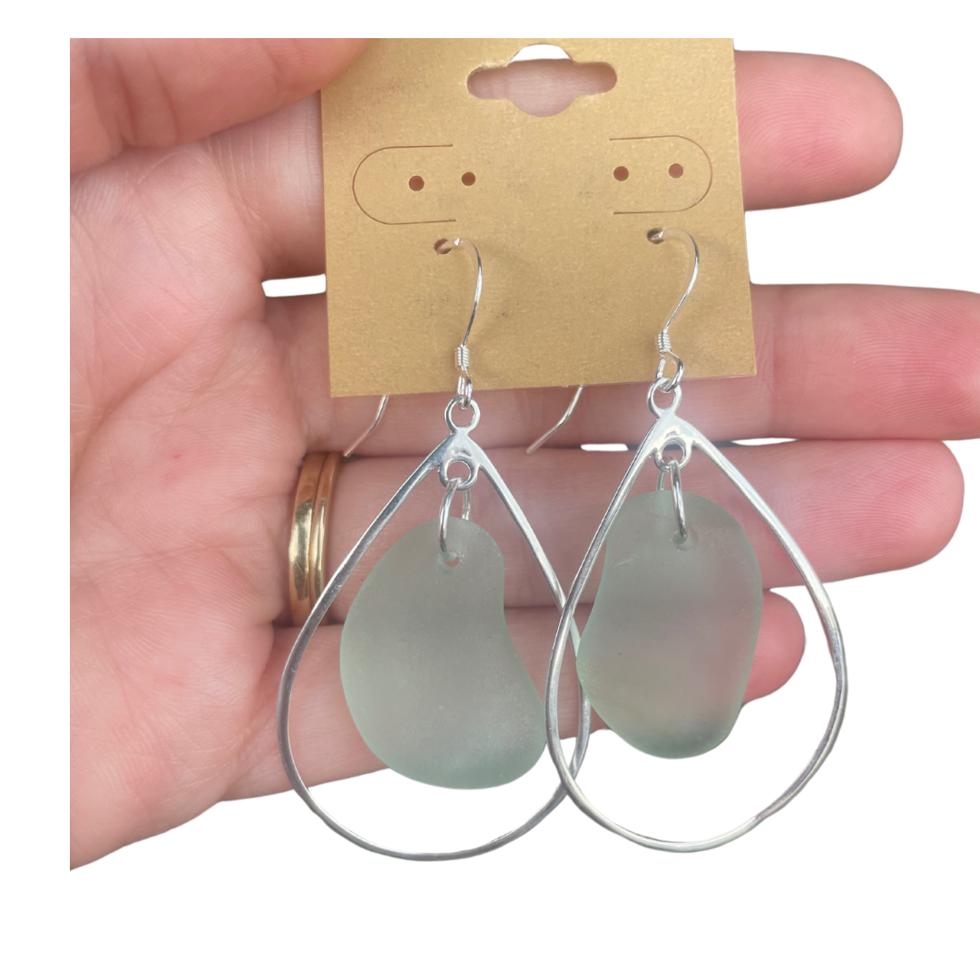 Oval Hoops Sea Glass Earrings in Light Blue