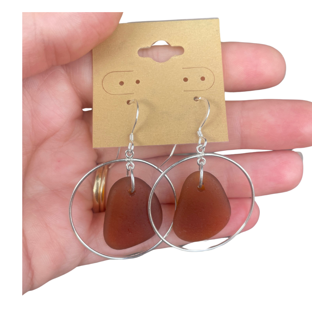 Circle Hoops Sea Glass Earrings in Brown