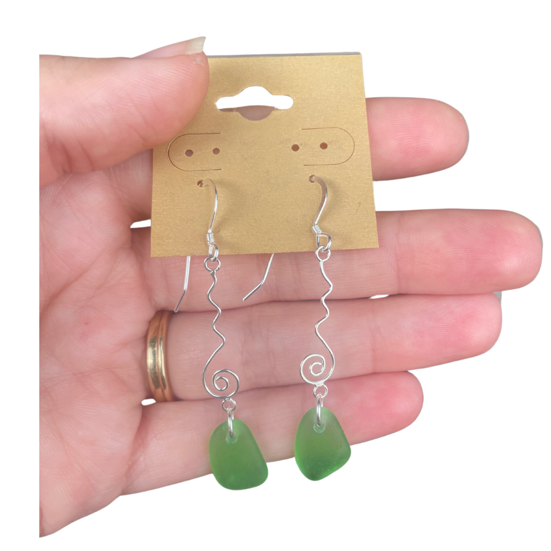 Swirl Sea Glass Earrings in Kelly Green