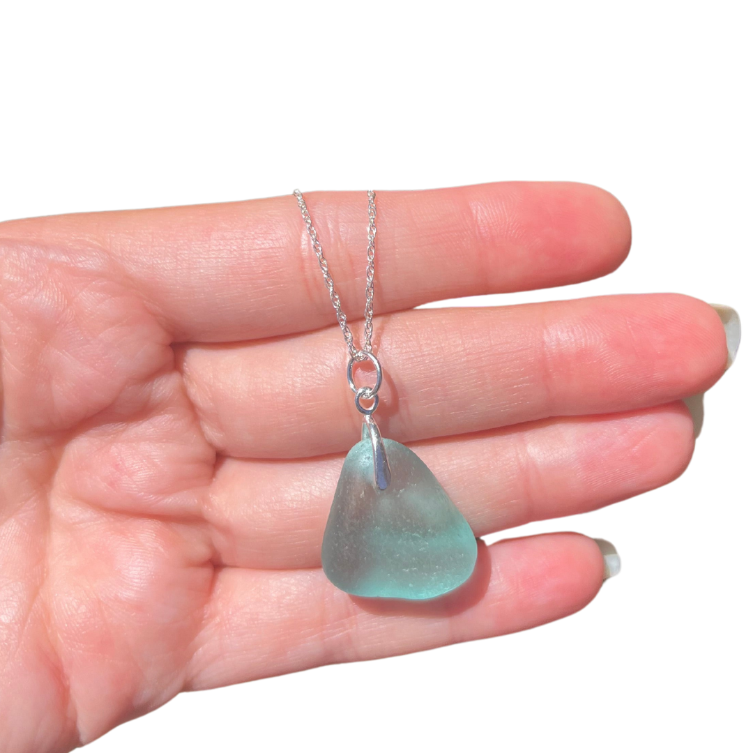 Sea Glass Pendant Necklace in Light Blue