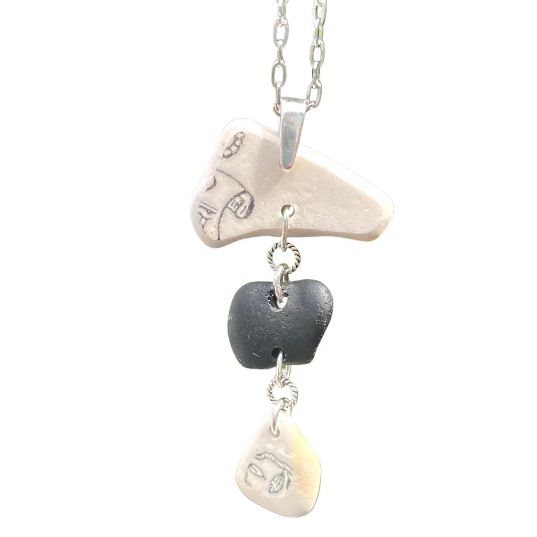 Spain Pottery and Sea Glass Necklace in Grey Fog